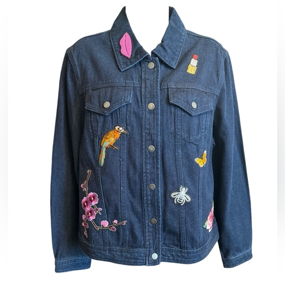 NY Collection Jackets & Blazers - NY Collection Denim Jacket Sz L Blue Dark Wash 100% Cotton Embroidered Patchwork